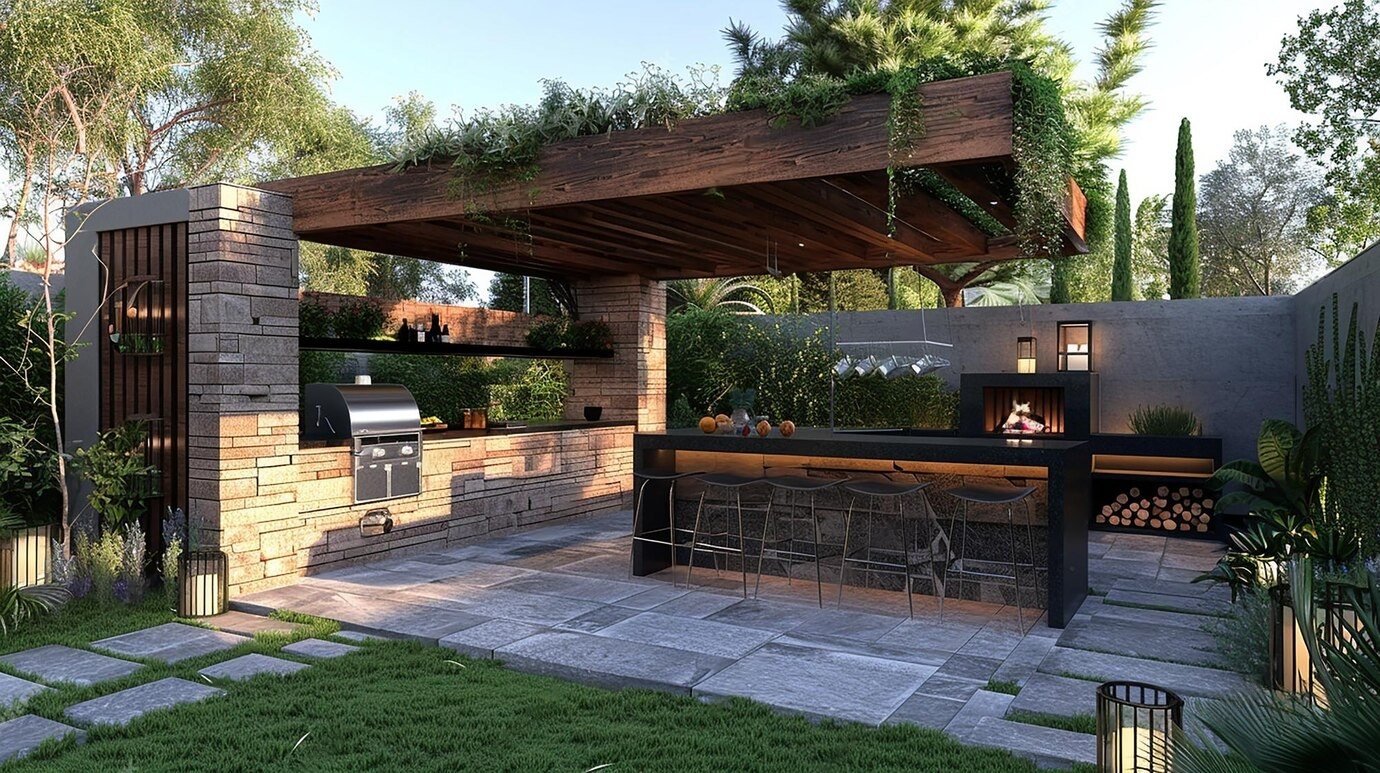 a outdoor kitchen with a grill and a barbeque