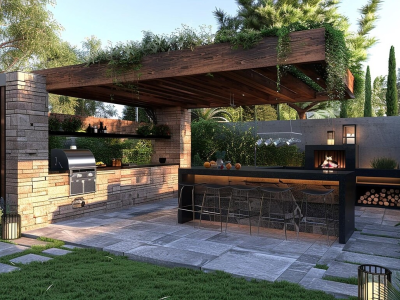 a outdoor kitchen with a grill and a barbeque